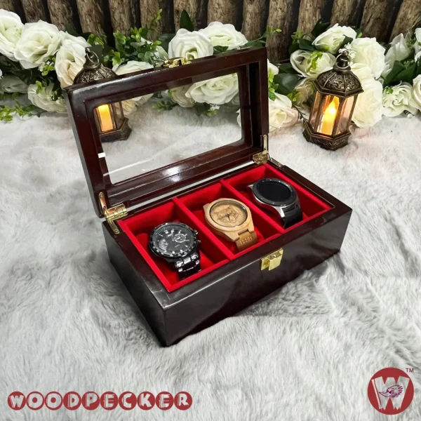 3 Slots  Red Velvet Wooden Watch Organizer Box - Image 4