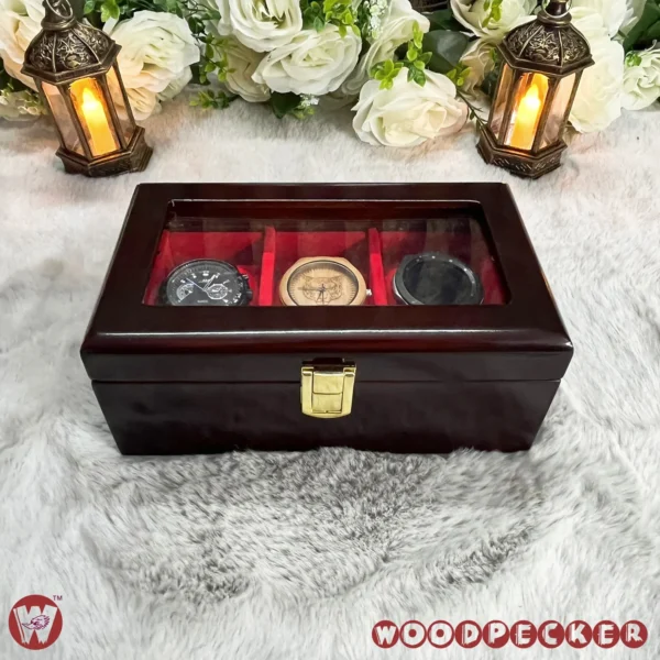 3 Slots  Red Velvet Wooden Watch Organizer Box - Image 6