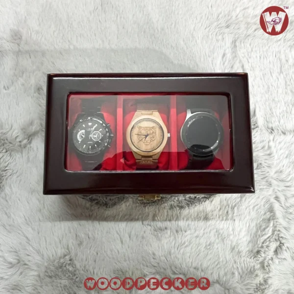 3 Slots  Red Velvet Wooden Watch Organizer Box - Image 14