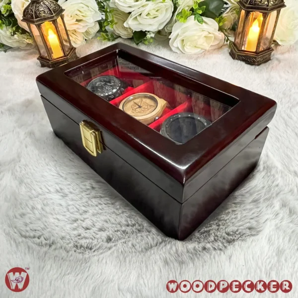 3 Slots  Red Velvet Wooden Watch Organizer Box - Image 12