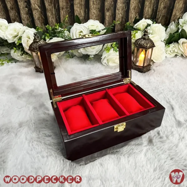 3 Slots  Red Velvet Wooden Watch Organizer Box