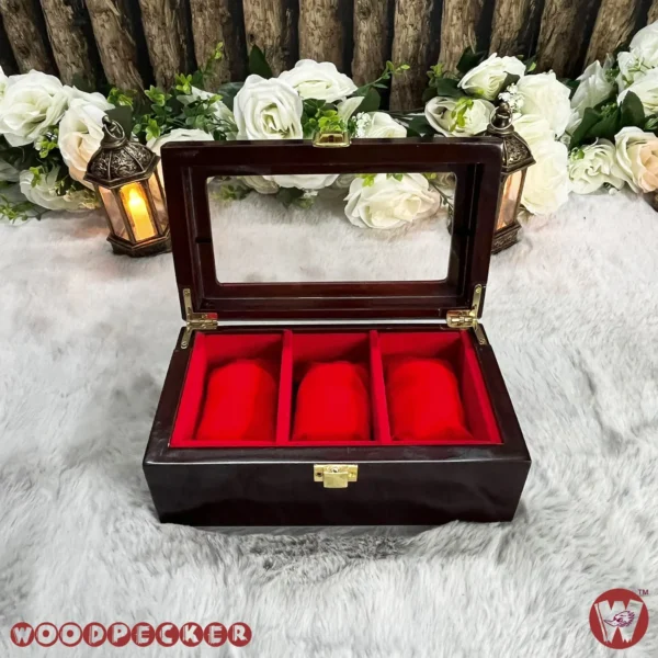 3 Slots  Red Velvet Wooden Watch Organizer Box - Image 8