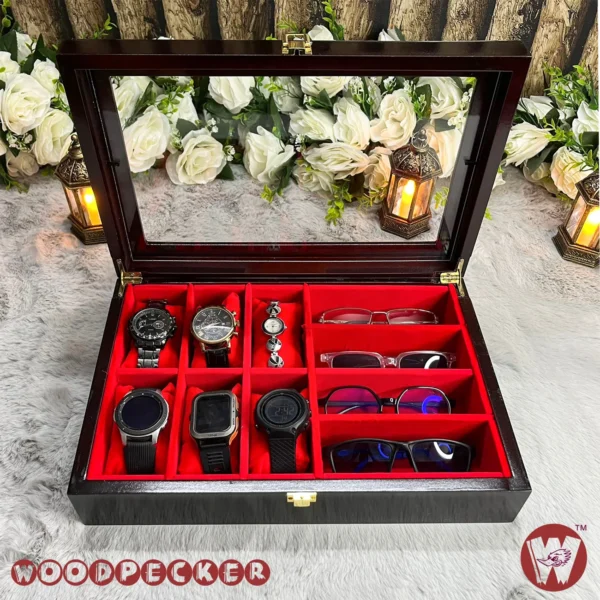 6 slots watch 4 slots sunglass Red Velvet Combo Wooden Organizer Box - Image 4