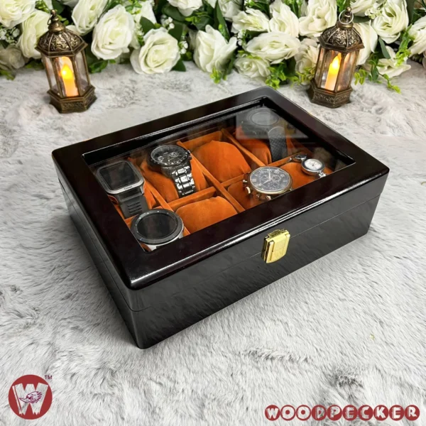 20 Slots Orange Brown Velvet Wooden Watch Organizer Box - Image 2