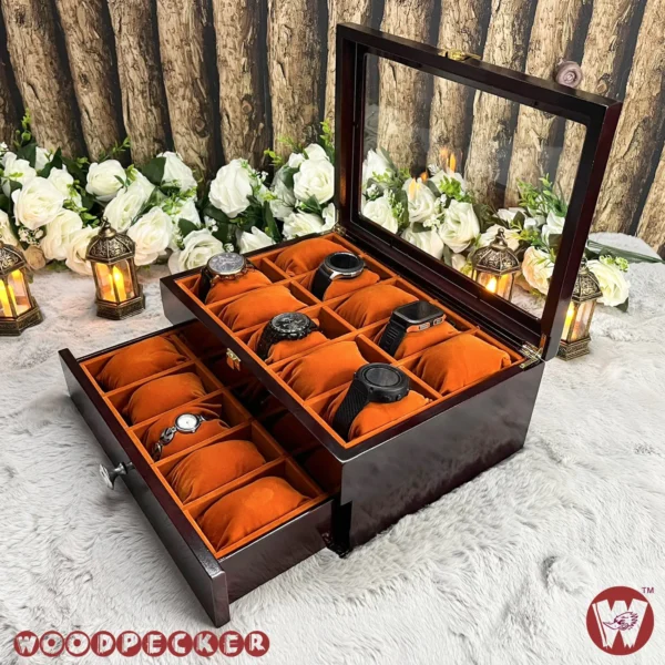 20 Slots Orange Brown Velvet Wooden Watch Organizer Box - Image 3