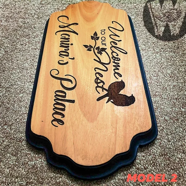 Welcome to our nest design 2 Engraved Mahogany Wood Customized Door Nameplate with black border 12x6 inch - Image 3