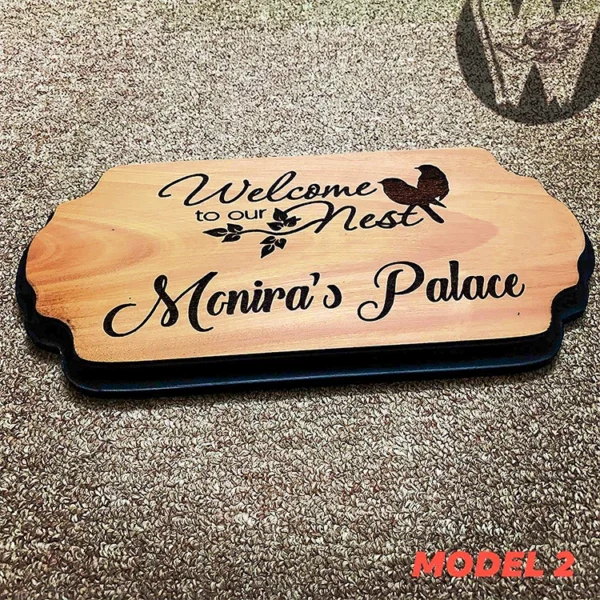 Welcome to our nest design 2 Engraved Mahogany Wood Customized Door Nameplate with black border 12x6 inch - Image 2