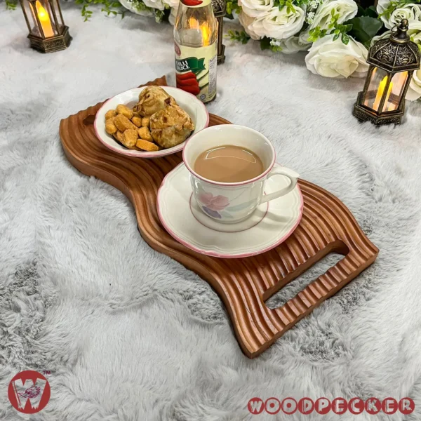 Solid Mahogany wood wave design dining table heat protector with serving tray - Image 4