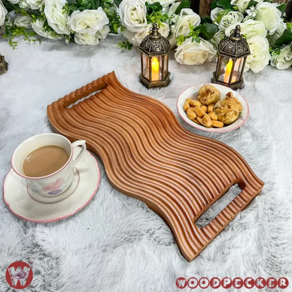 Solid Mahogany wood wave design dining table heat protector with serving tray