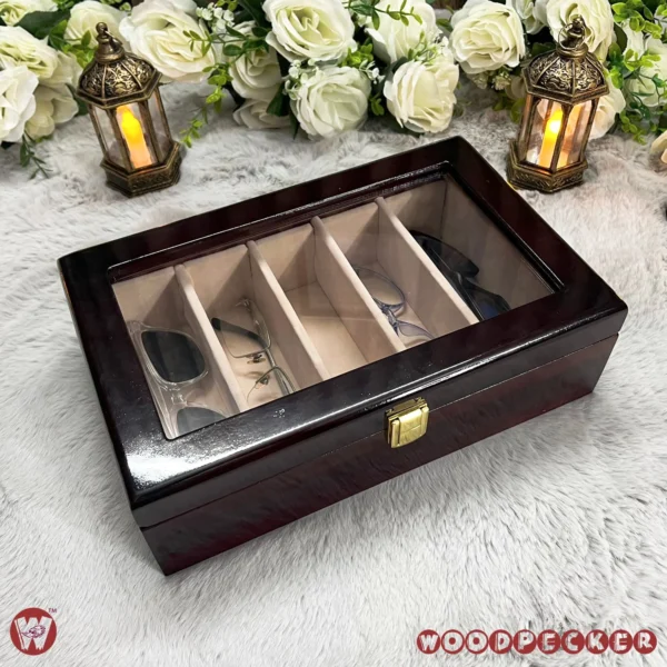 5 Slots  Cream Off-white Velvet Wooden Sunglass Organizer Box - Image 3