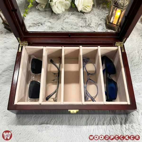 5 Slots  Cream Off-white Velvet Wooden Sunglass Organizer Box - Image 5