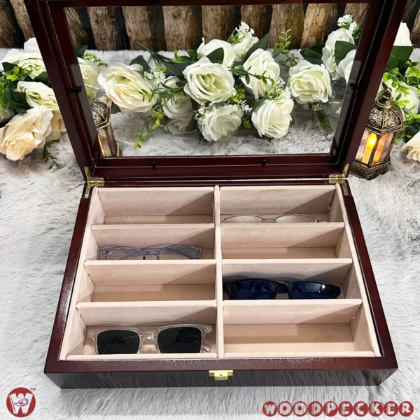 8 Slots  Cream Off-white Velvet Wooden Sunglass Organizer Box - Image 5