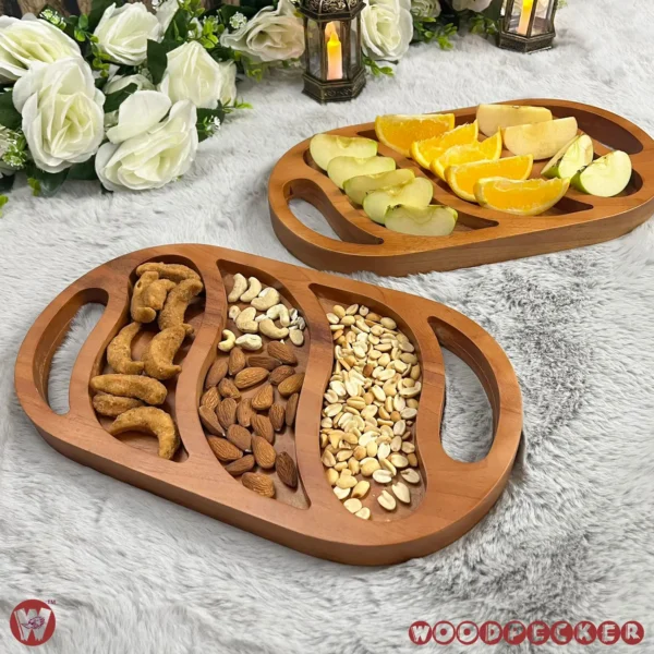 Solid Mahogany Wood Oval Snacks/Nuts tray 3 slots - Image 2