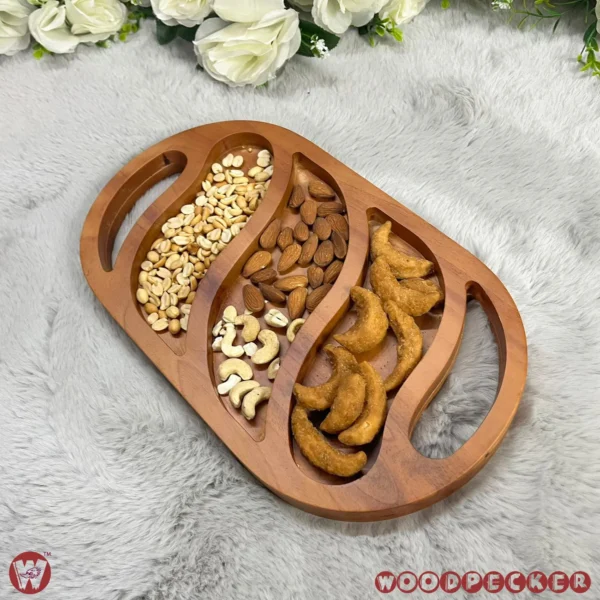 Solid Mahogany Wood Oval Snacks/Nuts tray 3 slots - Image 6