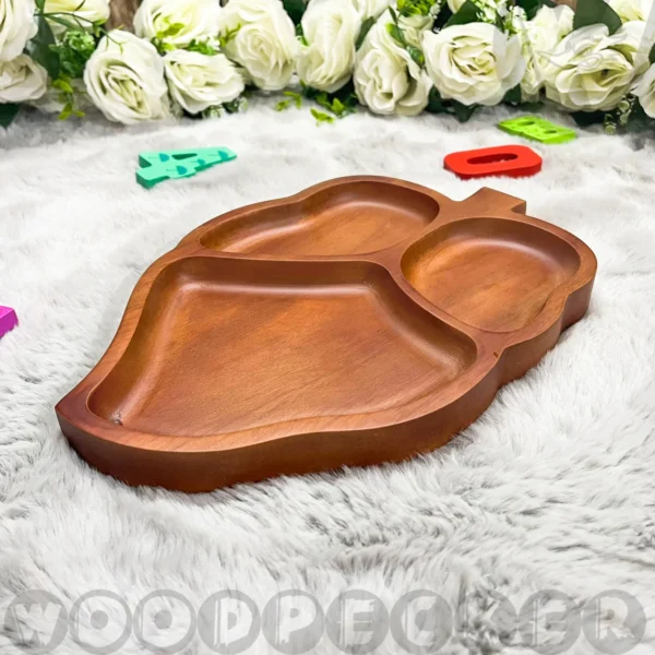 Solid Mahogany Wooden Leaf shaped Snacks/Nuts tray 3 slots - Image 3