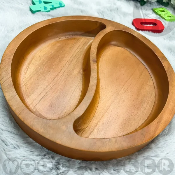 Solid Mahogany Wooden Yin-yang shape Snacks/Nuts tray 2 slots - Image 2