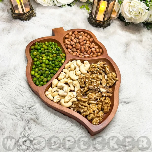 Solid Mahogany Wooden Leaf shaped Snacks/Nuts tray 3 slots - Image 5