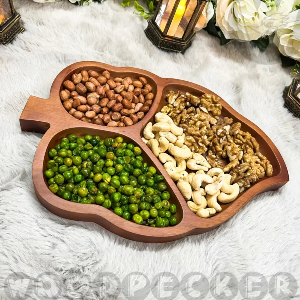 Solid Mahogany Wooden Leaf shaped Snacks/Nuts tray 3 slots - Image 6