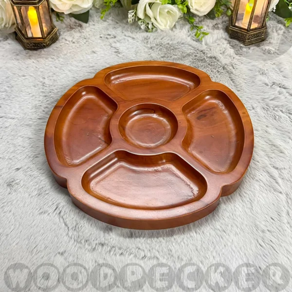 Solid Mahogany Wood Flower shaped Round Snacks/Nuts tray 5 slots - Image 2