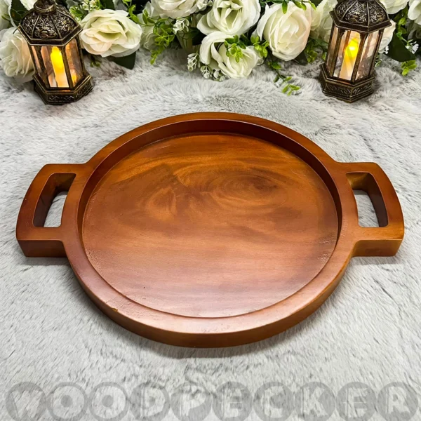 Solid Mahogany Wooden Round Tray with handle - Image 2