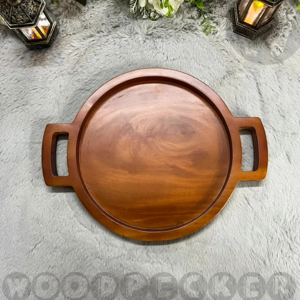 Solid Mahogany Wooden Round Tray with handle - Image 3