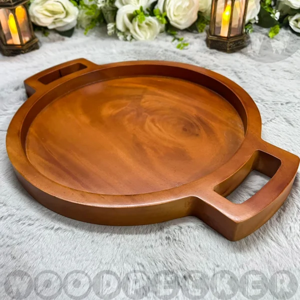 Solid Mahogany Wooden Round Tray with handle - Image 4