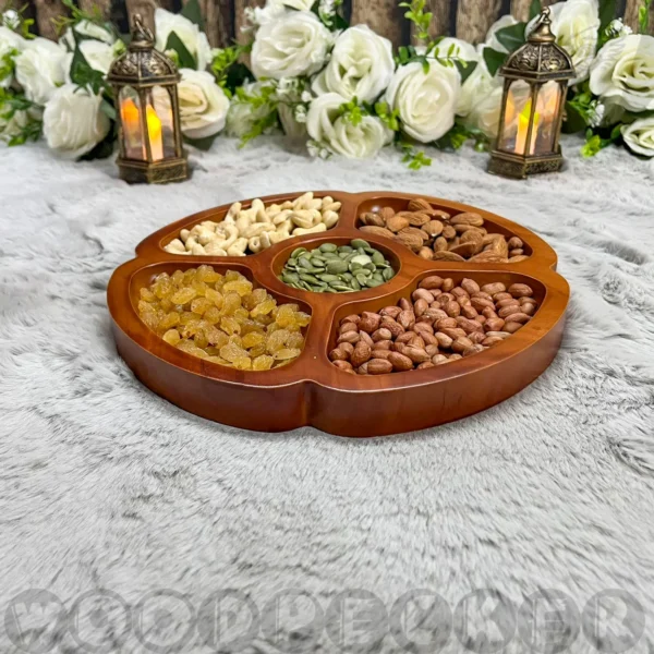 Solid Mahogany Wood Flower shaped Round Snacks/Nuts tray 5 slots - Image 4