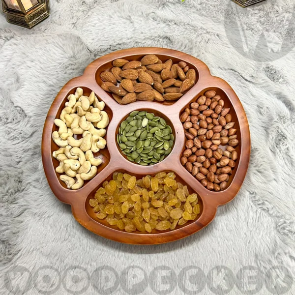 Solid Mahogany Wood Flower shaped Round Snacks/Nuts tray 5 slots - Image 5