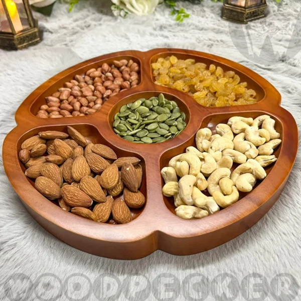 Solid Mahogany Wood Flower shaped Round Snacks/Nuts tray 5 slots - Image 6