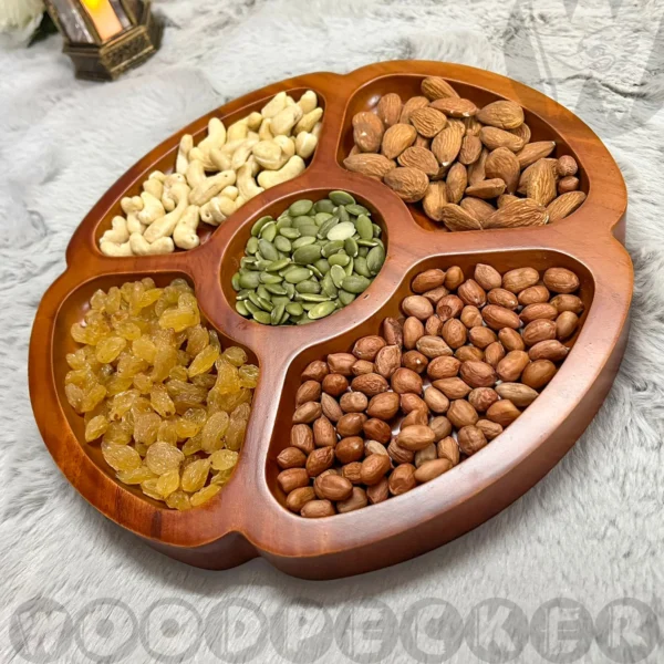 Solid Mahogany Wood Flower shaped Round Snacks/Nuts tray 5 slots