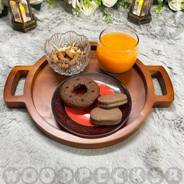 Solid Mahogany Wooden Round Tray with handle - Image 5