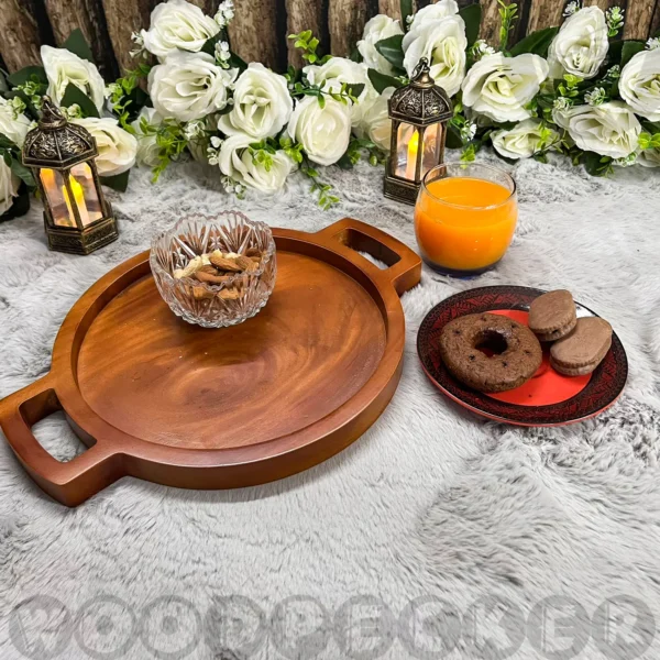 Solid Mahogany Wooden Round Tray with handle - Image 6