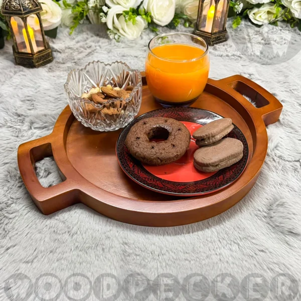 Solid Mahogany Wooden Round Tray with handle - Image 7