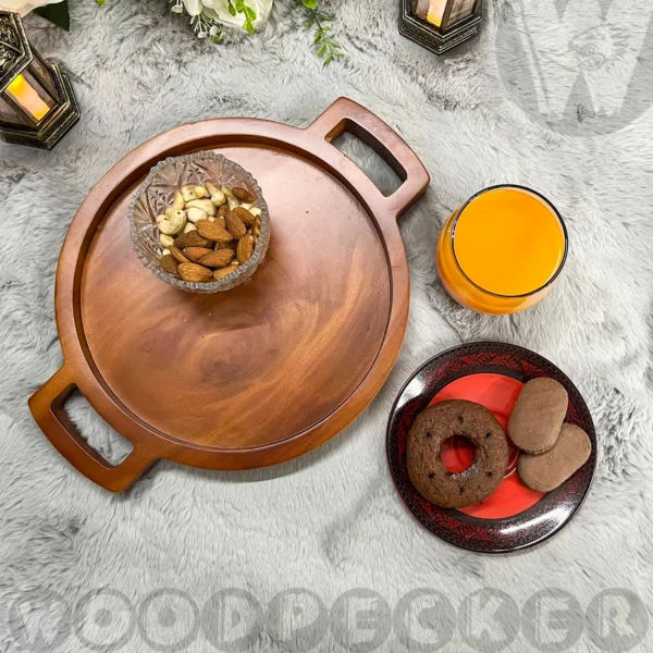 Solid Mahogany Wooden Round Tray with handle