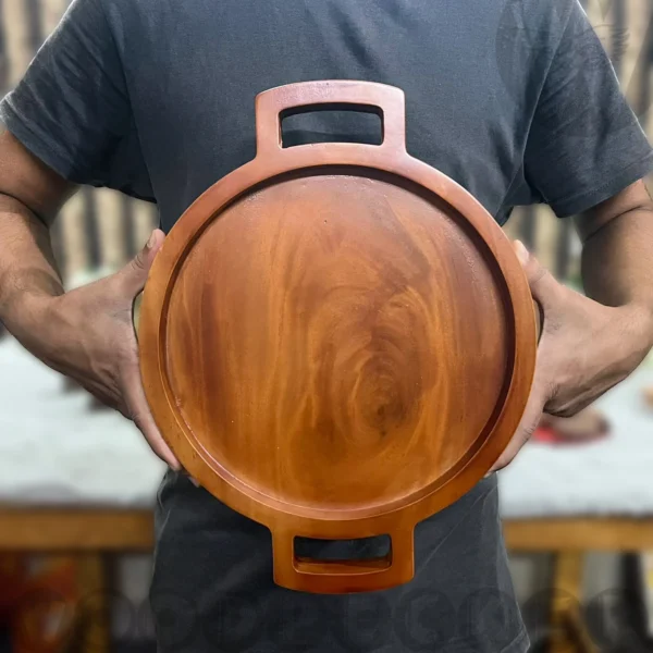 Solid Mahogany Wooden Round Tray with handle - Image 9