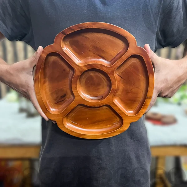 Solid Mahogany Wood Flower shaped Round Snacks/Nuts tray 5 slots - Image 7