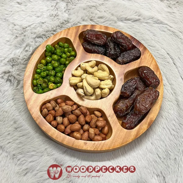 Solid Mahogany Wood  Round Snacks/Nuts tray 5 slots