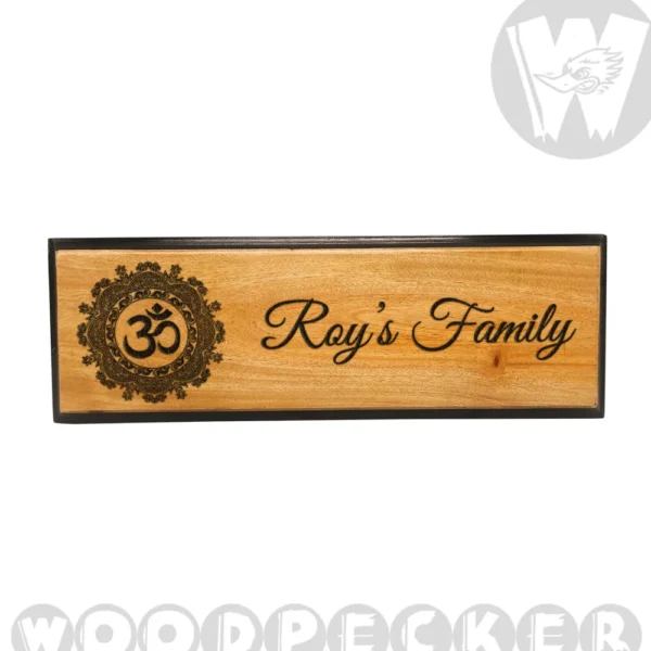 Om Design Engraved Mahogany Wood Customized Door Nameplate with black border 12x4 inch