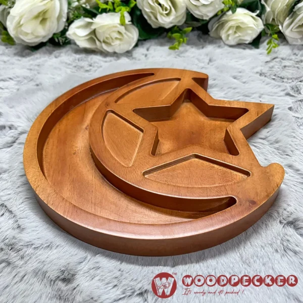 Moon & Star Five Blessings  Ramadan Date & Dry Fruit Platter – Solid Mahogany Wood - Image 4