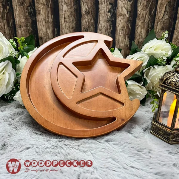 Moon & Star Five Blessings  Ramadan Date & Dry Fruit Platter – Solid Mahogany Wood - Image 6