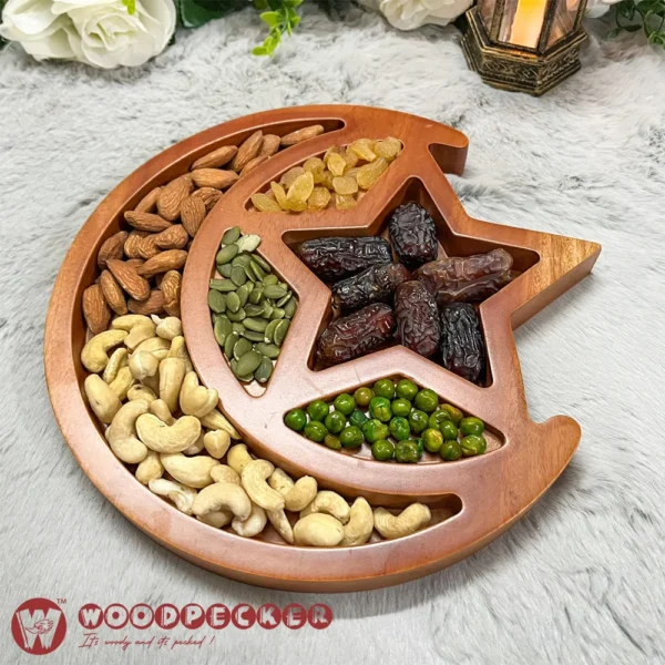 Moon & Star Five Blessings  Ramadan Date & Dry Fruit Platter – Solid Mahogany Wood