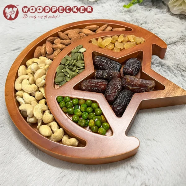 Moon & Star Five Blessings  Ramadan Date & Dry Fruit Platter – Solid Mahogany Wood - Image 3