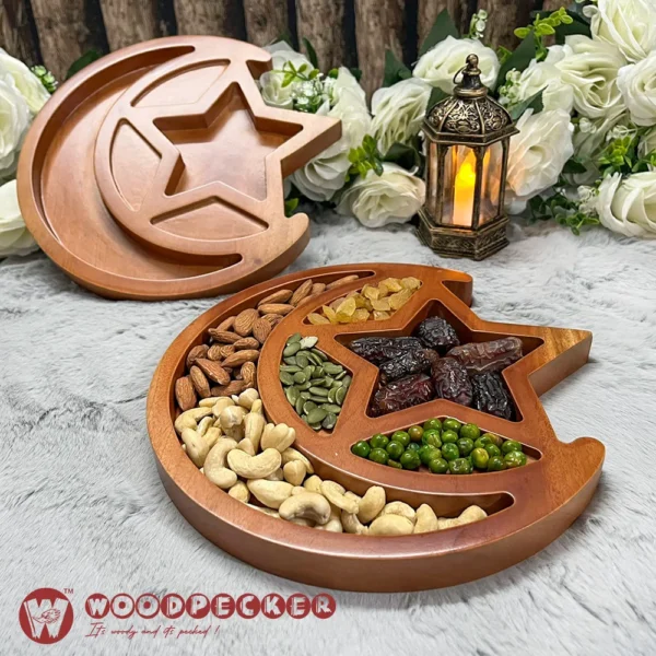 Moon & Star Five Blessings  Ramadan Date & Dry Fruit Platter – Solid Mahogany Wood - Image 2