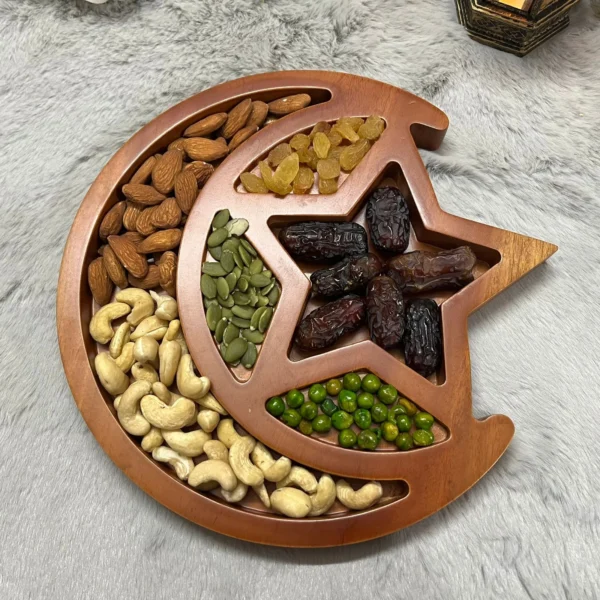 Moon & Star Five Blessings  Ramadan Date & Dry Fruit Platter – Solid Mahogany Wood - Image 8